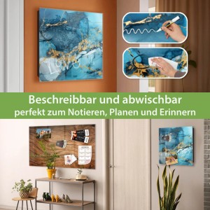 Banjado Schlüsselkasten Glas, 30x30cm, Motiv Blauer Marmor mit Gold. Beschreibbar, magnetisch, 50 Haken.