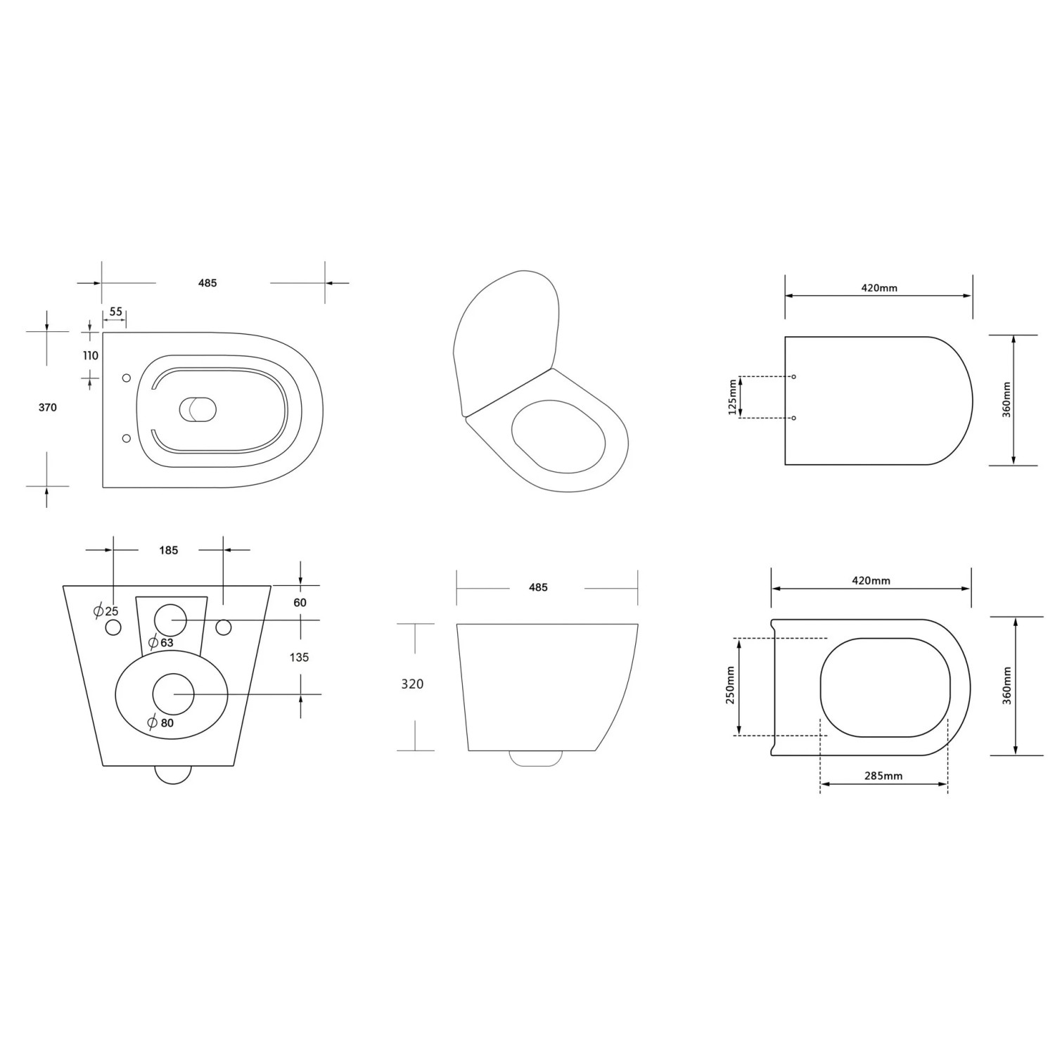 Technische Zeichnung WC-Set: Vorwandelement, Toilette ROLO weiß, Platte schwarz, Maße und Details.