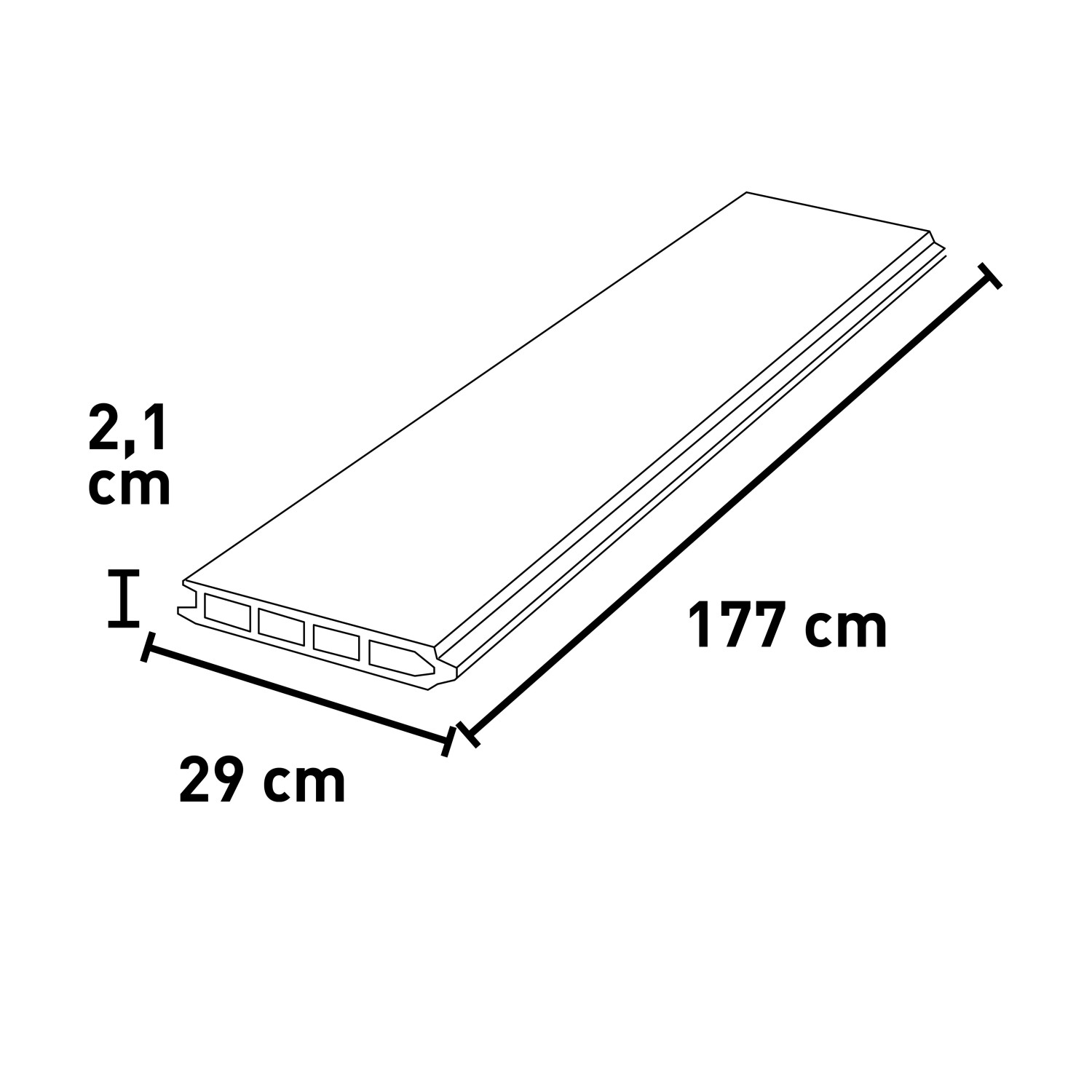 Technische Zeichnung: WPC Sichtschutzzaun Paneel XL, 177x29x2,1cm, zur Illustration der Maße.