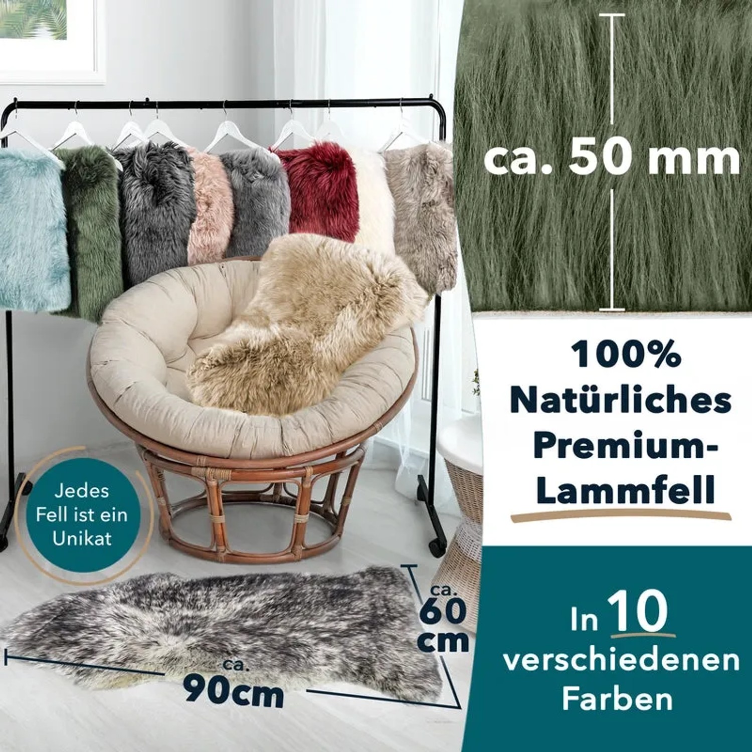 KARAT Schaffelle Audrey in verschiedenen Farben und Größen, auf Stuhl und Kleiderständer.