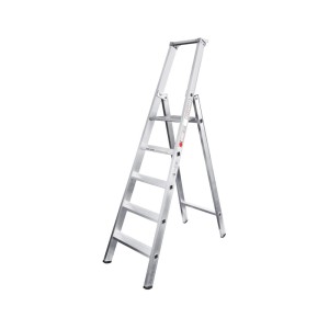 Iller Stufen Stehleiter mit 5 Stufen und Ablageschale, einseitig begehbar, aus Aluminium.