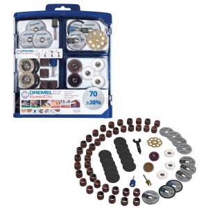 Dremel EZ SpeedClic Zubehörset SC725 mit 70 Teilen für Miniaturwerkzeuge. Enthält Scheiben, Bänder zum Schneiden, Schleifen, Polieren im Koffer.