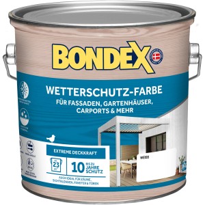Weißer Farbeimer Bondex Wetterschutz-Farbe 2,5l für Holz im Außenbereich.