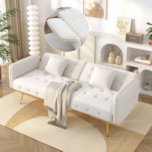 Weißes Velours Schlafsofa mit Bettfunktion, goldenen Beinen und verstellbaren Armlehnen in modernem Wohnzimmer.