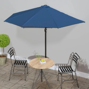 Halbrunder, blauer Balkon-Sonnenschirm mit Alu-Mast, 300x155x223cm. Ideal für kleine Balkone.