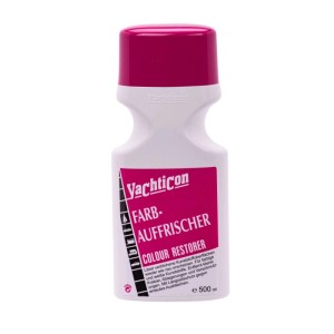 Weiße Yachticon Farbauffrischer Flasche 500 ml mit magenta Kappe für Kunststoff & Gelcoat. Stellt Glanz wieder her.