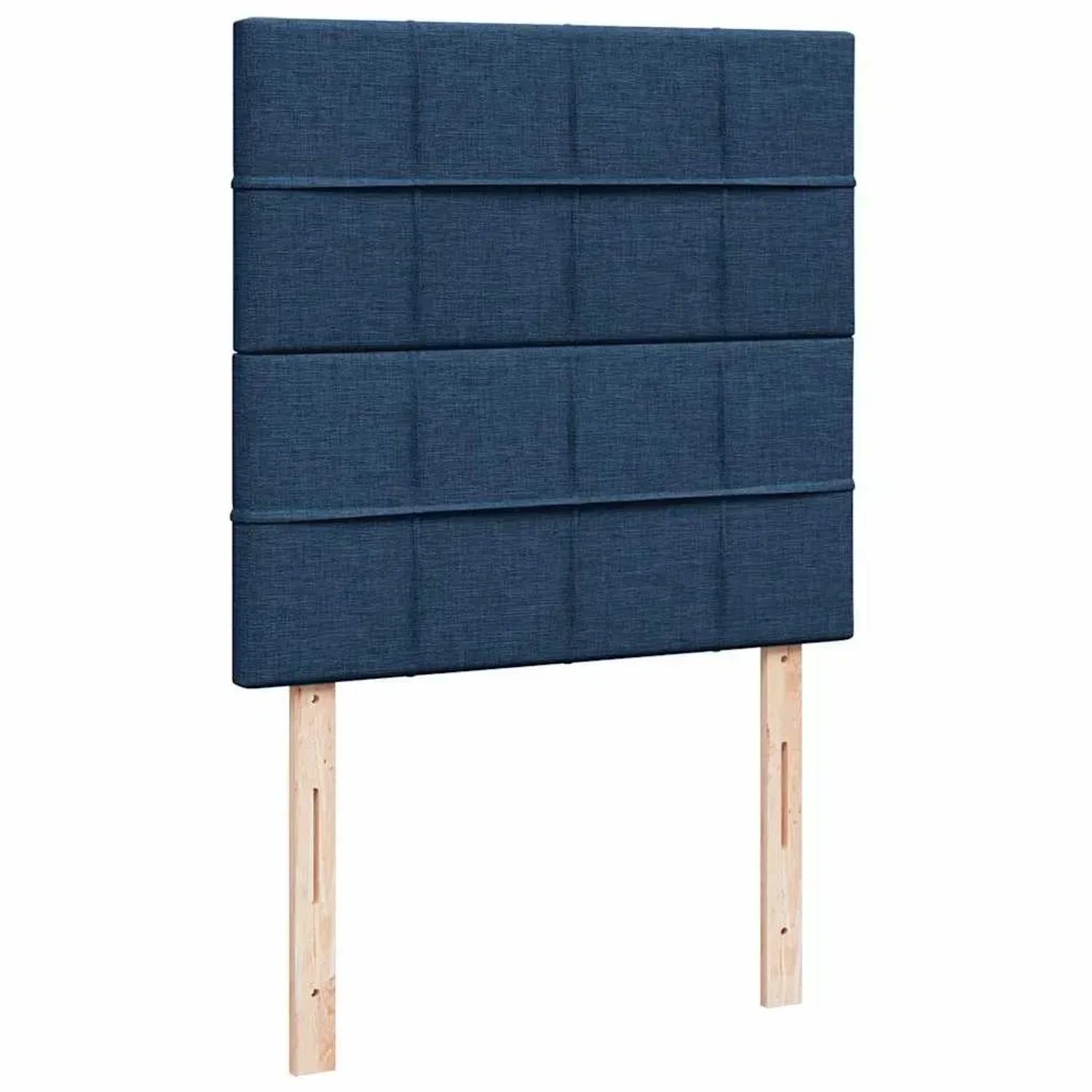 Blaues Boxspringbett Kopfteil mit Stoffbezug und Holzfüßen, 90x200 cm.