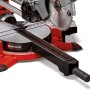 Einhell Zug-Kapp-Gehrungssäge TE-SM 2131 Dual, 1600 W, Detailansicht. Rote Basis, Sägeblatt sichtbar.