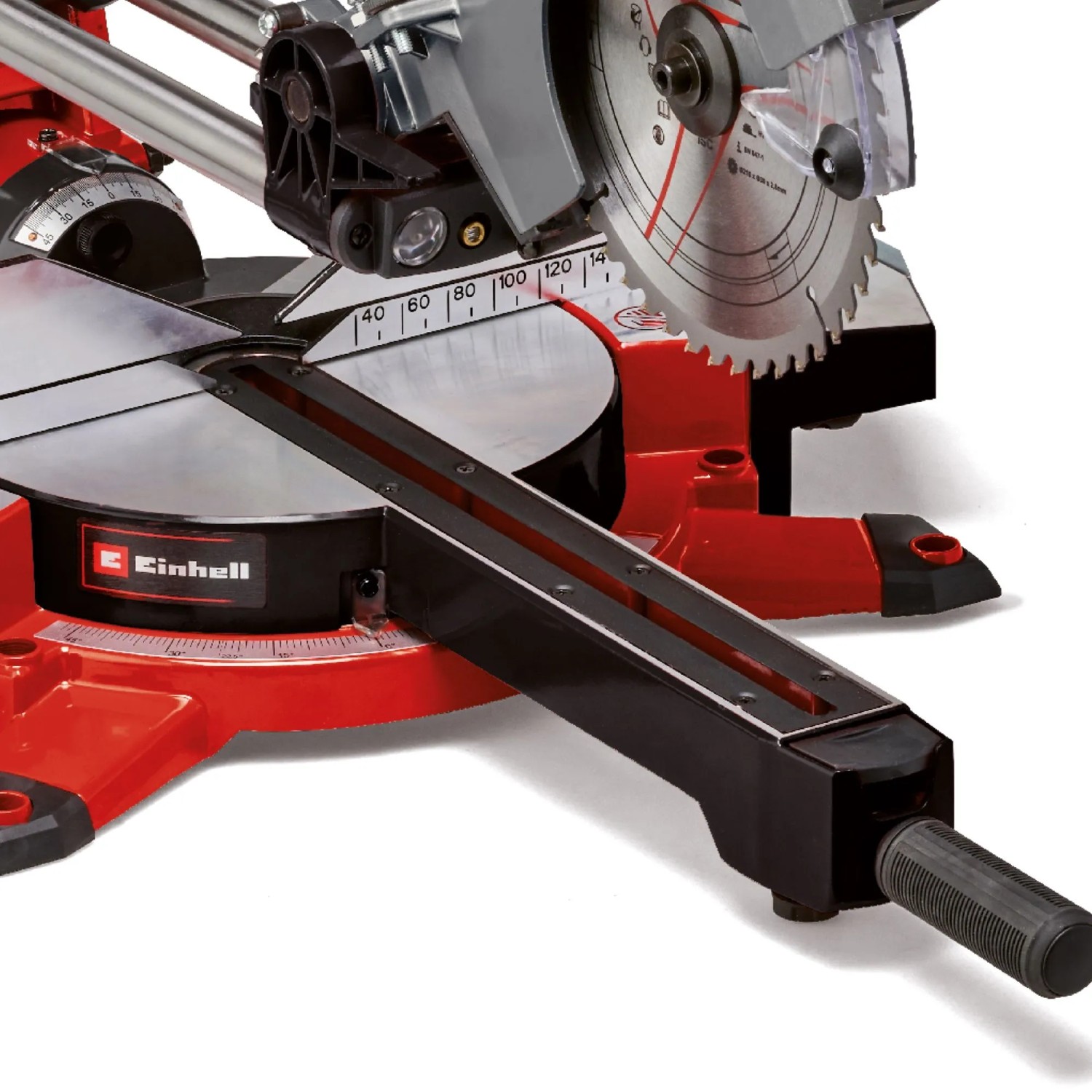 Einhell Zug-Kapp-Gehrungssäge TE-SM 2131 Dual, 1600 W, Detailansicht. Rote Basis, Sägeblatt sichtbar.
