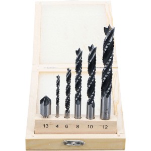 BGS Holzkronen Fräsbohrer Set, 6-teilig, Größen 4-12 mm, im Holzkasten.