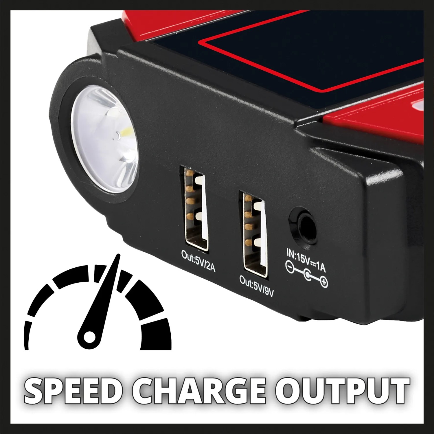 Einhell Power Bank CE-JS 12: Detailaufnahme der Anschlüsse und LED-Leuchte.