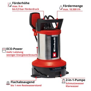 Einhell GE-DP 7535 N LL Eco Flutset: 2-in-1 Schmutzwasserpumpe für Klar- und Schmutzwasser.