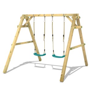 Wickey Schaukel Sky Dancer Prime Türkis, Holzschaukel mit zwei türkisen Schaukelsitzen.