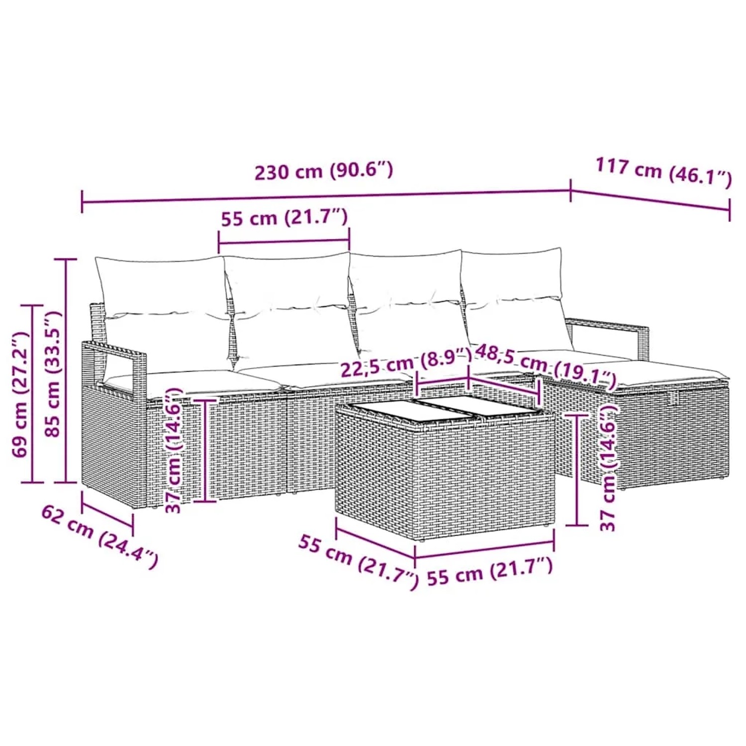 vidaXL Garten-Sofa-Set, 6-teilig, schwarzes Poly Rattan mit Kissen. Gartenmöbel für Terrasse und Balkon.