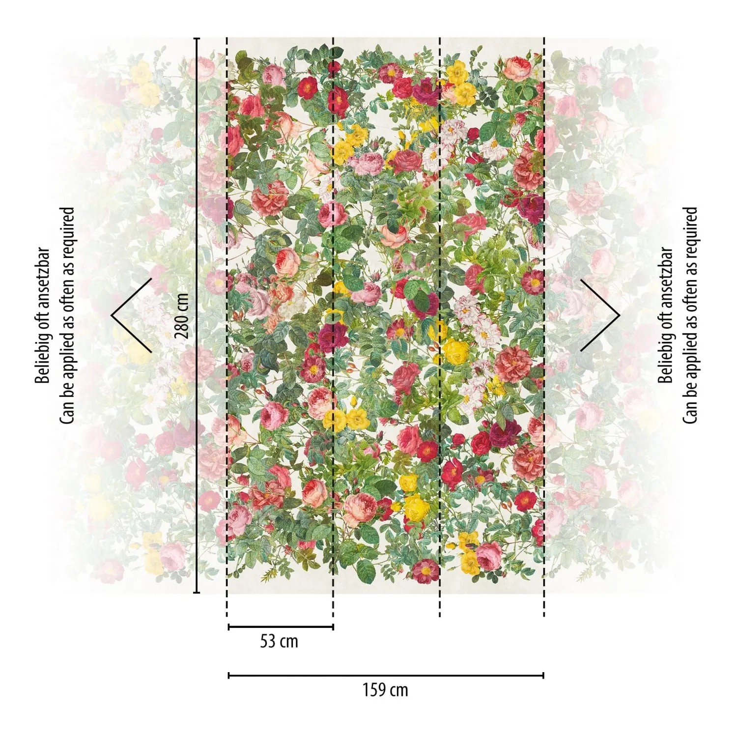 Fototapete mit Blumenmuster in Grün, Rosa, Rot und Gelb. Romantisches Landhaus-Design für Wohnräume.