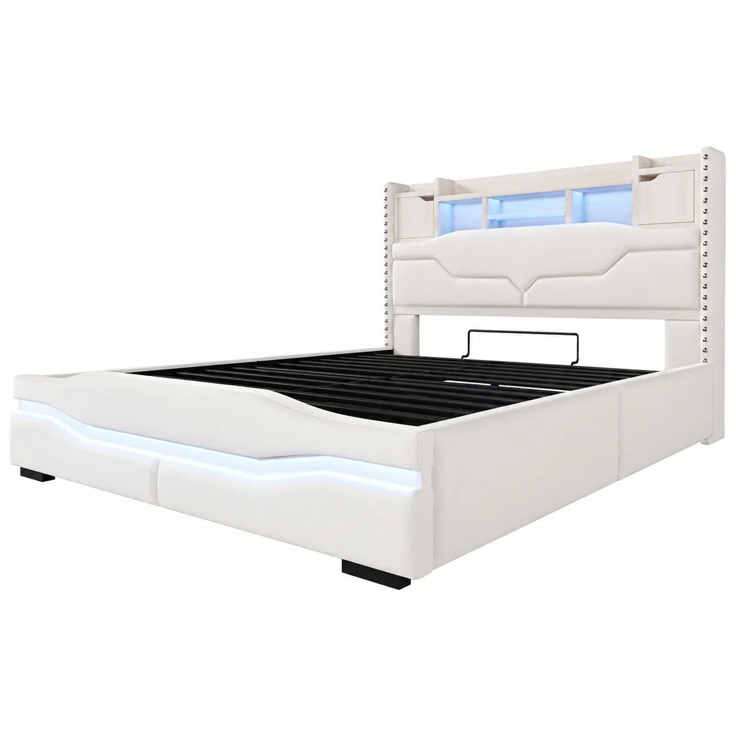 okwish Polsterbett 160x200cm mit LED USB C Hydraulik Staufach Schlafzimmer Beige ohne Matratze