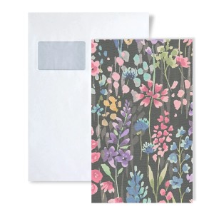 Musterstück Aquarell Tapete mit Blumenmuster, DIN A4 Bogen.