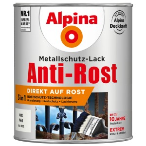 Dose Alpina Metallschutz-Lack Anti-Rost, Weiß matt, 750ml. 3in1 Rostschutz für Eisen- und Nichteisenmetalle.