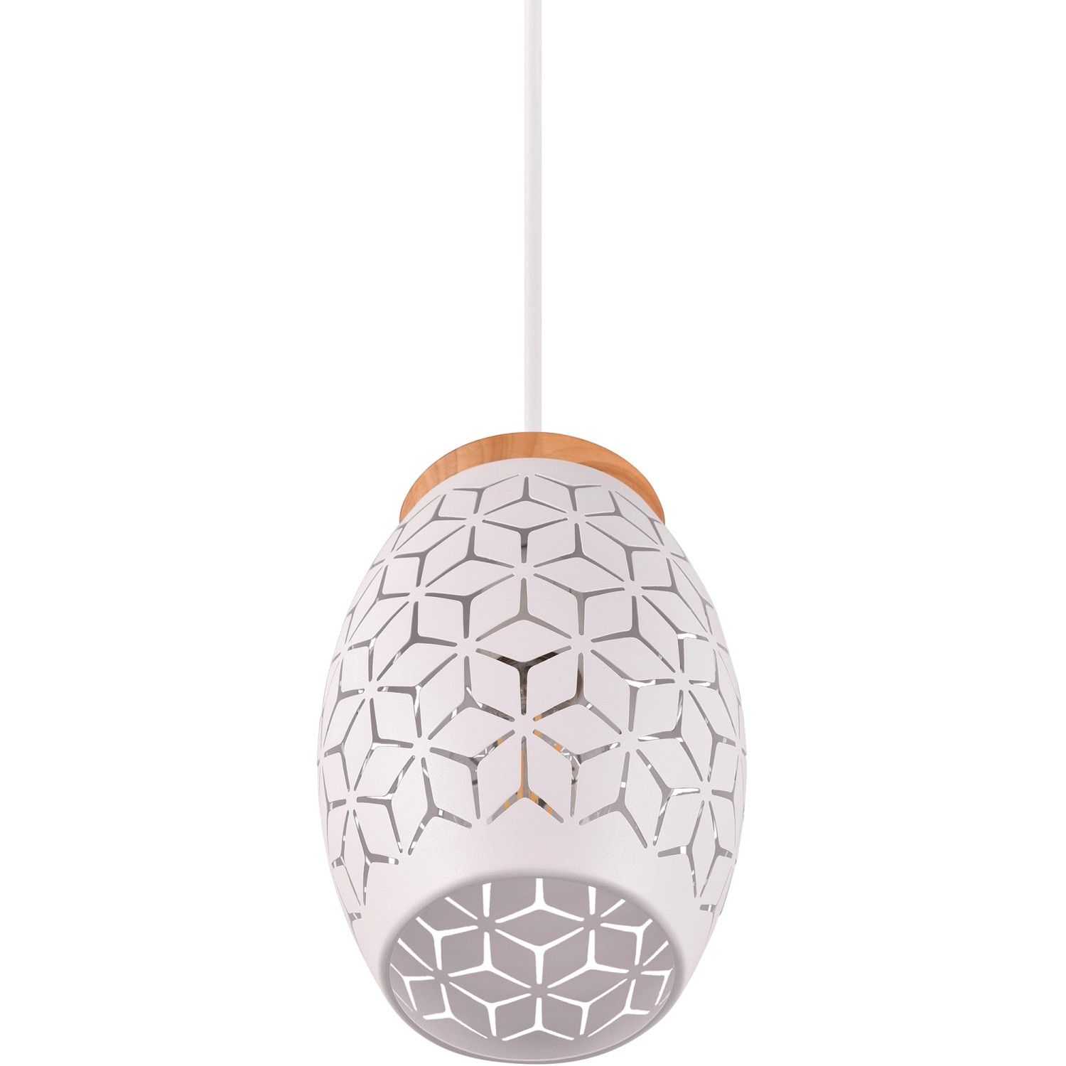 Weiße, matte Reality Pendelleuchte Bidar mit Holzdetails. Moderne Hängelampe für Wohnräume.