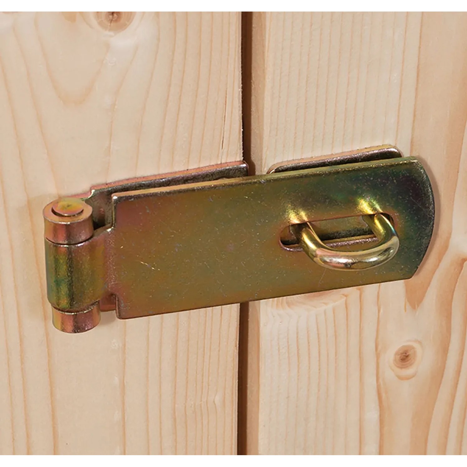 Detailaufnahme: Sicherheitsüberwurf mit Öse an der Holztür vom Karibu Gartenhaus.