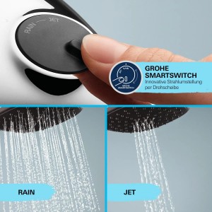 Grohe Vitalio Comfort 110 Brausegarnitur: Hand betätigt SmartSwitch, Rain- und Jet-Strahl im Vergleich.