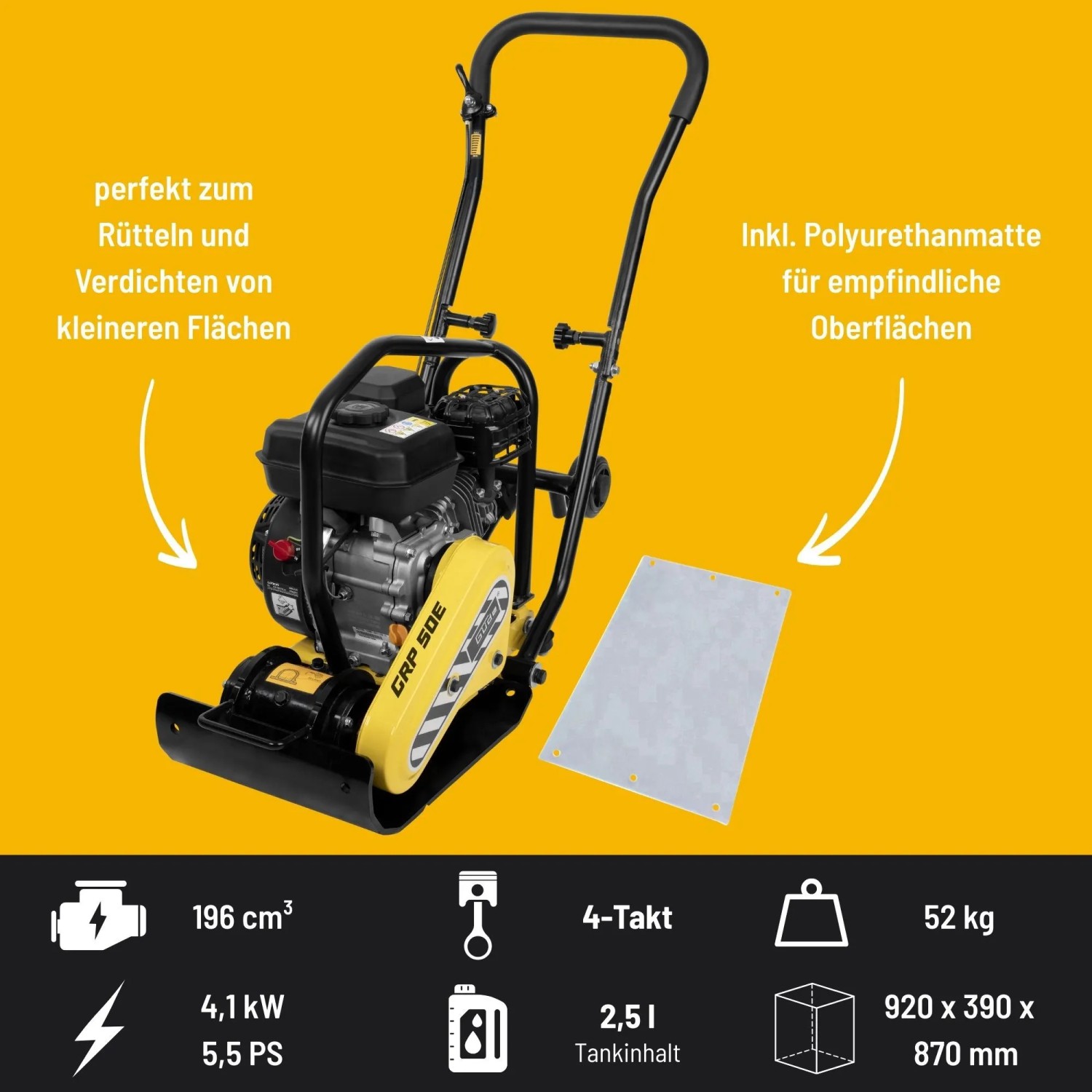 Güde Rüttelplatte GRP 50E mit Polyurethanmatte für Pflasterarbeiten und Bodenverdichtung.