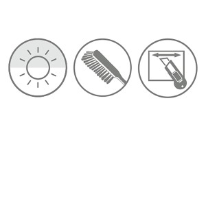 Symbole für Lichtdurchlässigkeit, Reinigung und Zuschnitt des Gardinia Rollos.
