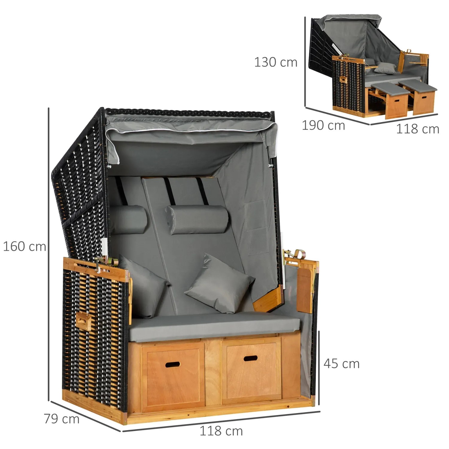 Outsunny Strandkorb, hellgraues PE-Rattan, Holz, mit Maßen B118 x T79 x H160 cm. Gartenmöbel für entspannte Stunden.