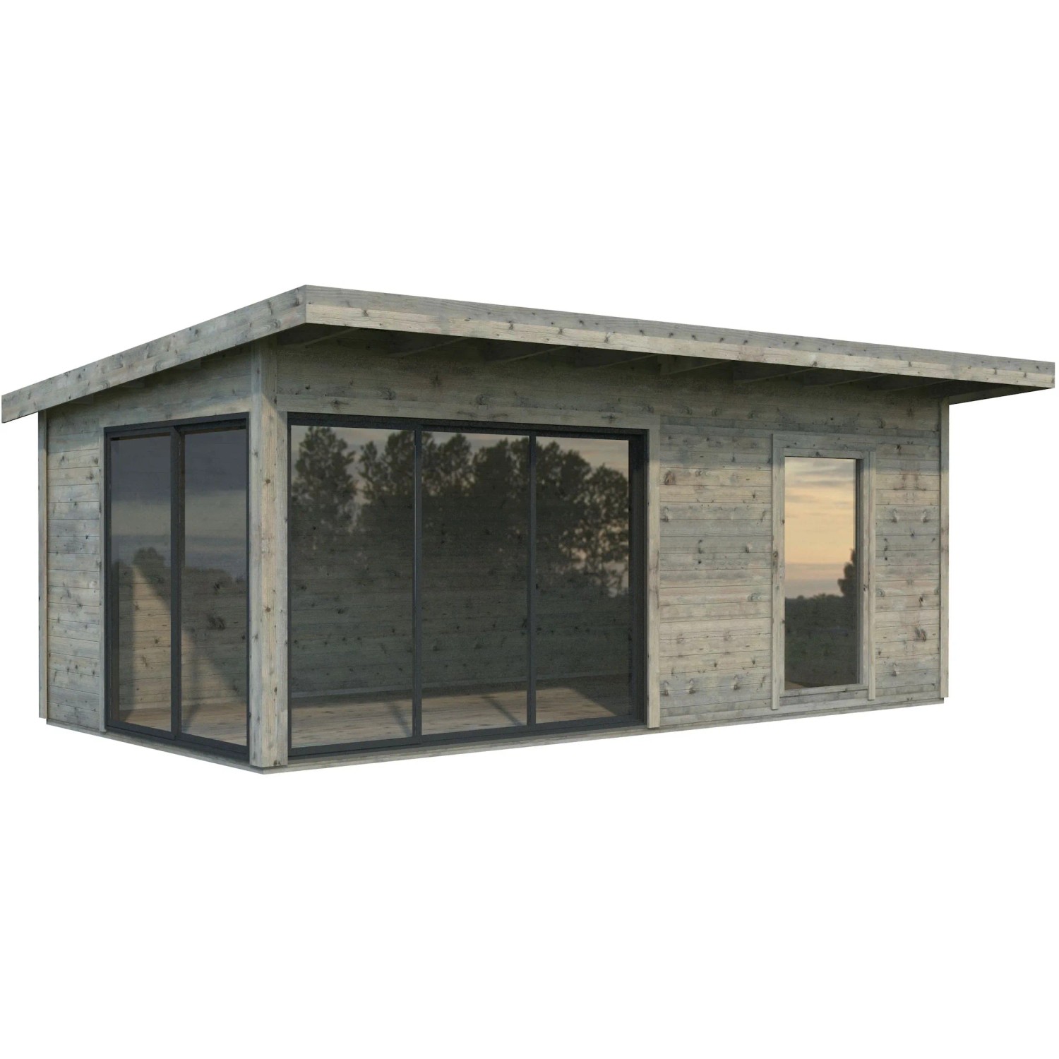 Graues Palmako Gartenhaus Andrea mit Schiebetüren und Fenster. Holz-Gartenhaus mit Pultdach.