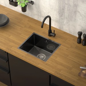 ML-Design Edelstahlspüle, 34x40 cm, Anthrazit, eckig, 1 Becken mit Siphon auf Arbeitsplatte.