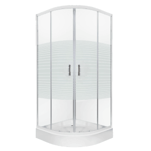 Kerra Runddusche 80x80cm mit transparentem ESG Glas, weißen Streifen, verchromten Profilen und weißer Duschwanne.