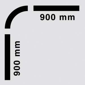 Schematische Darstellung einer weißen Euroshowers Winkel-Duschvorhangstange, 90x90 cm, 22 mm Durchmesser, kürzbar.