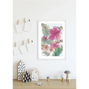 Komar Poster Blumen in Rosa und Grün, 30x40 cm, als Dekoration im weißen Rahmen.
