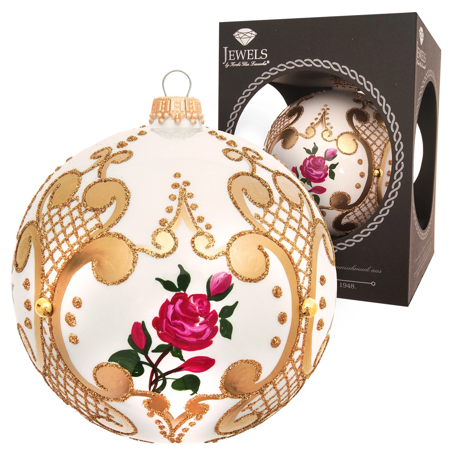 Krebs Glas Lauscha Weihnachtskugel Rose Barock Weiß 10cm