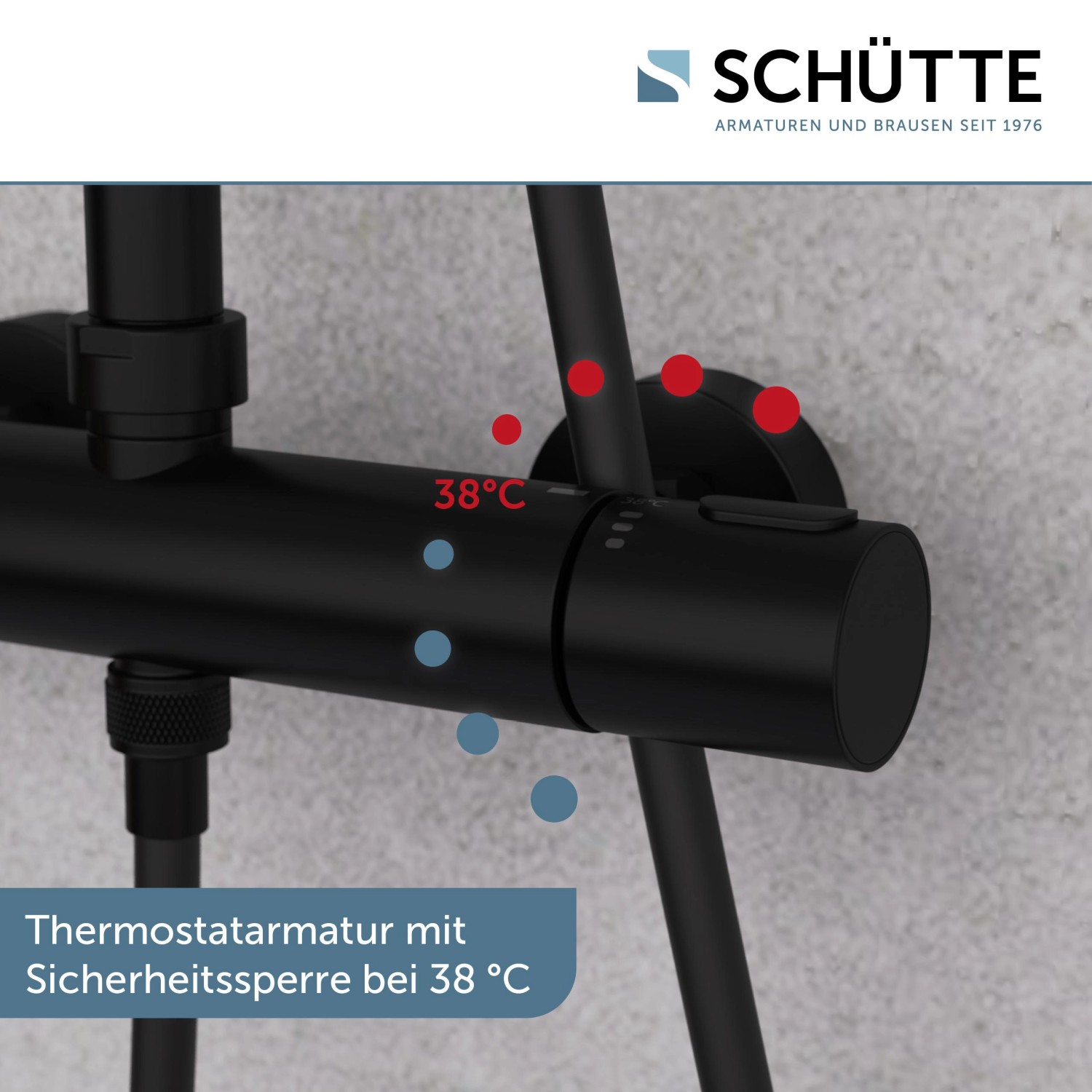 Schütte Aquaduct Brauseset, Thermostatarmatur in Schwarz Matt, Detailansicht der Temperaturregelung.