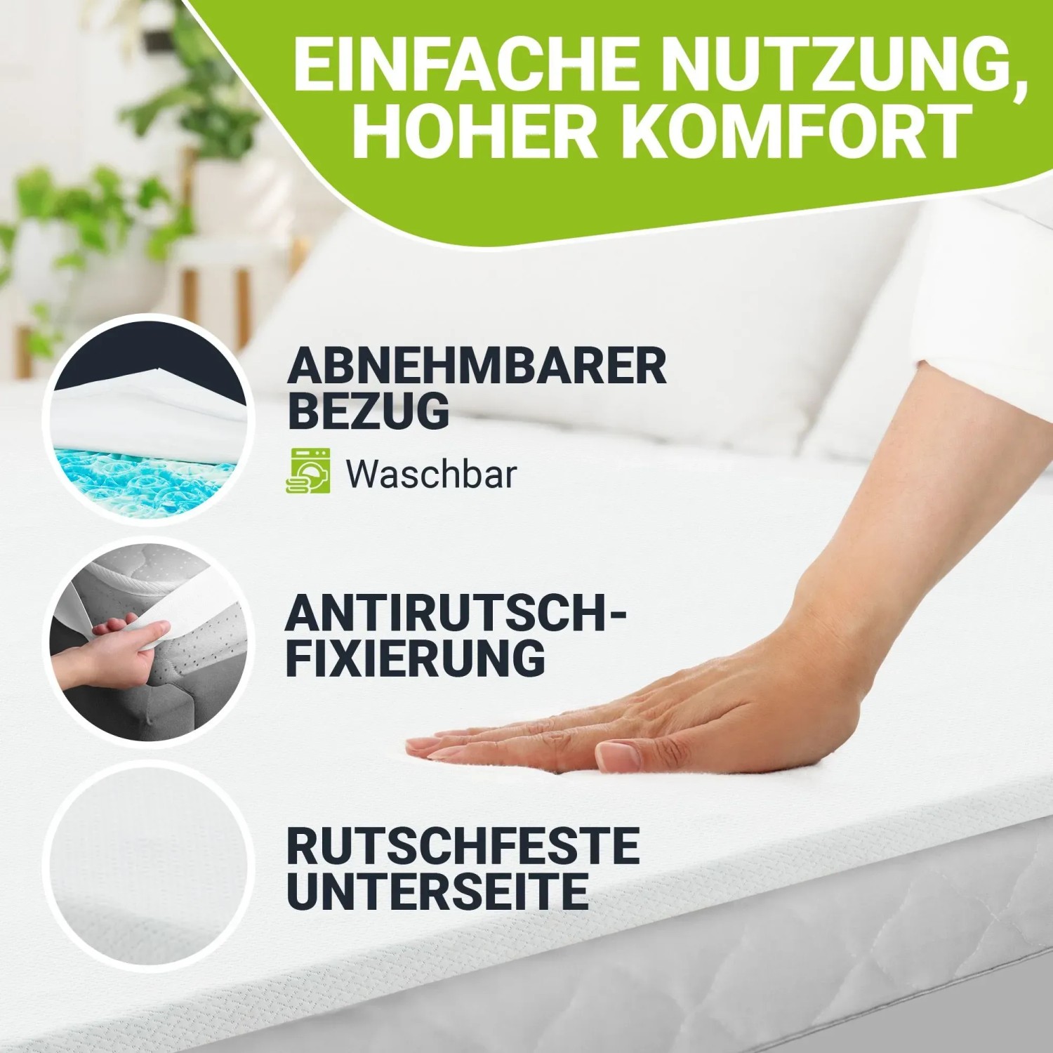 Juskys Topper 160x200 cm: Detailansicht mit abnehmbarem Bezug, Antirutsch-Fixierung und rutschfester Unterseite.