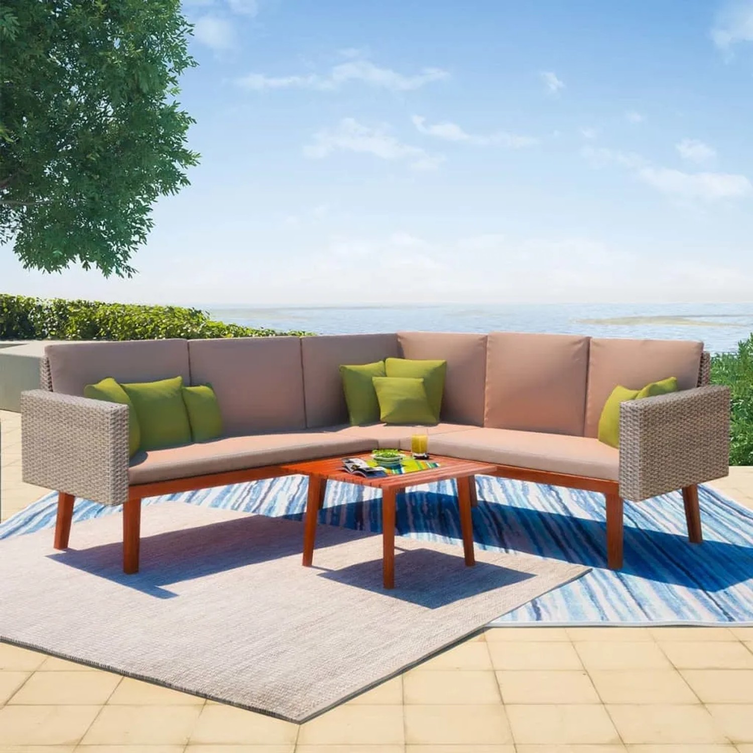 Graues vidaXL Garten Lounge Set mit Tisch und Auflagen auf Terrasse.