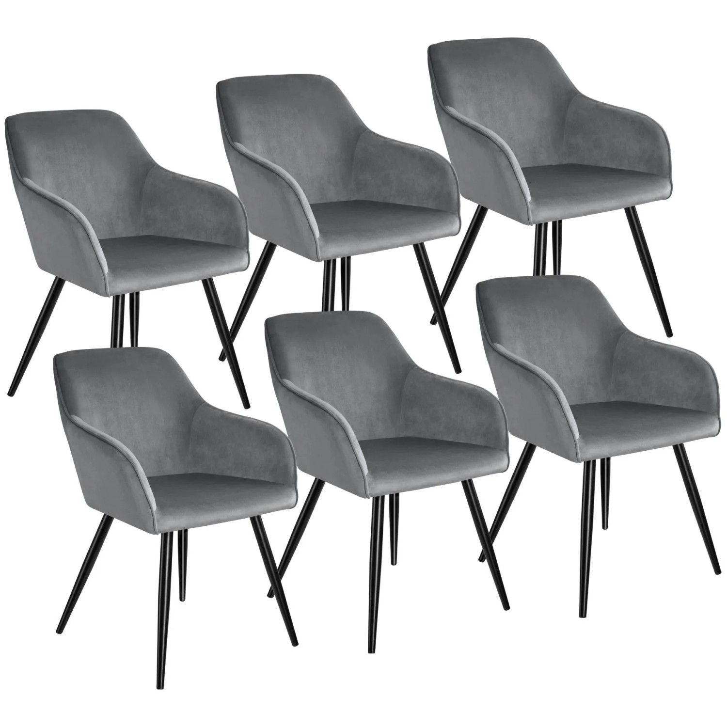 Tectake Esszimmerstuhl Marilyn Gepolstert  In Samtoptik Durchgehende Lehne 6Er Set 62 x 58 x 82 cm Grau Schwarz