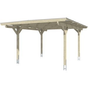 Skan Holz Carport Odenwald, Eiche hell, 428x541 cm. Einzelcarport mit Doppelstegplatten auf vier Pfosten.