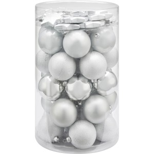 Weihnachtskugel-Set Sterne, 50-teilig, Silber, matte, glänzende und glitzernde Oberfläche.