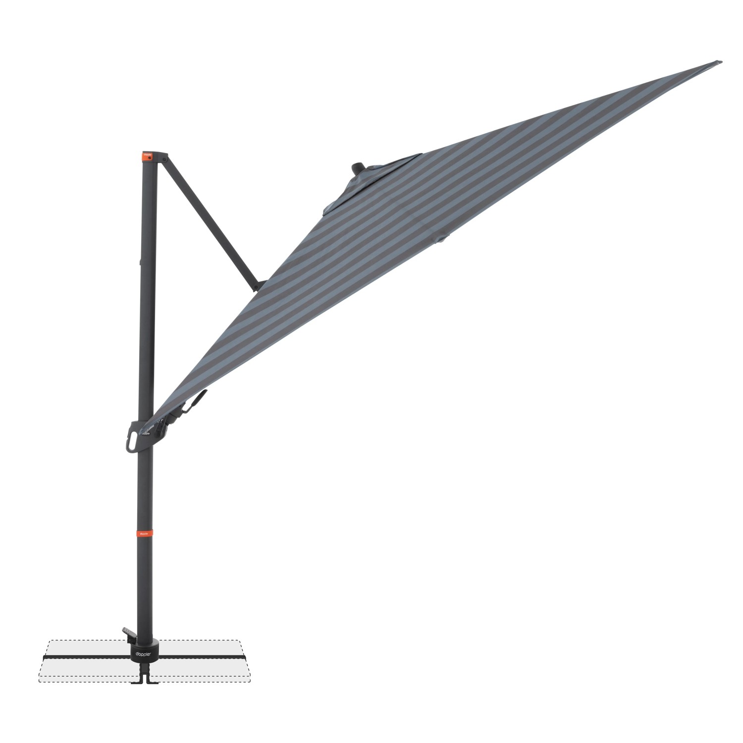Doppler Ampelschirm myZone AX 320x240 cm, blau-grau gestreift, mit Kurbel und axial schwenkbar.