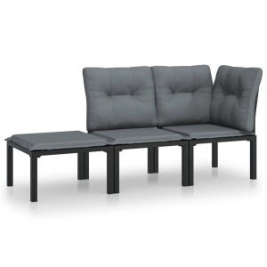 vidaXL Garten-Lounge-Set, 3-teilig, schwarz/grau, Poly Rattan. Eck- und Mittelstuhl mit Hocker und grauen Kissen.