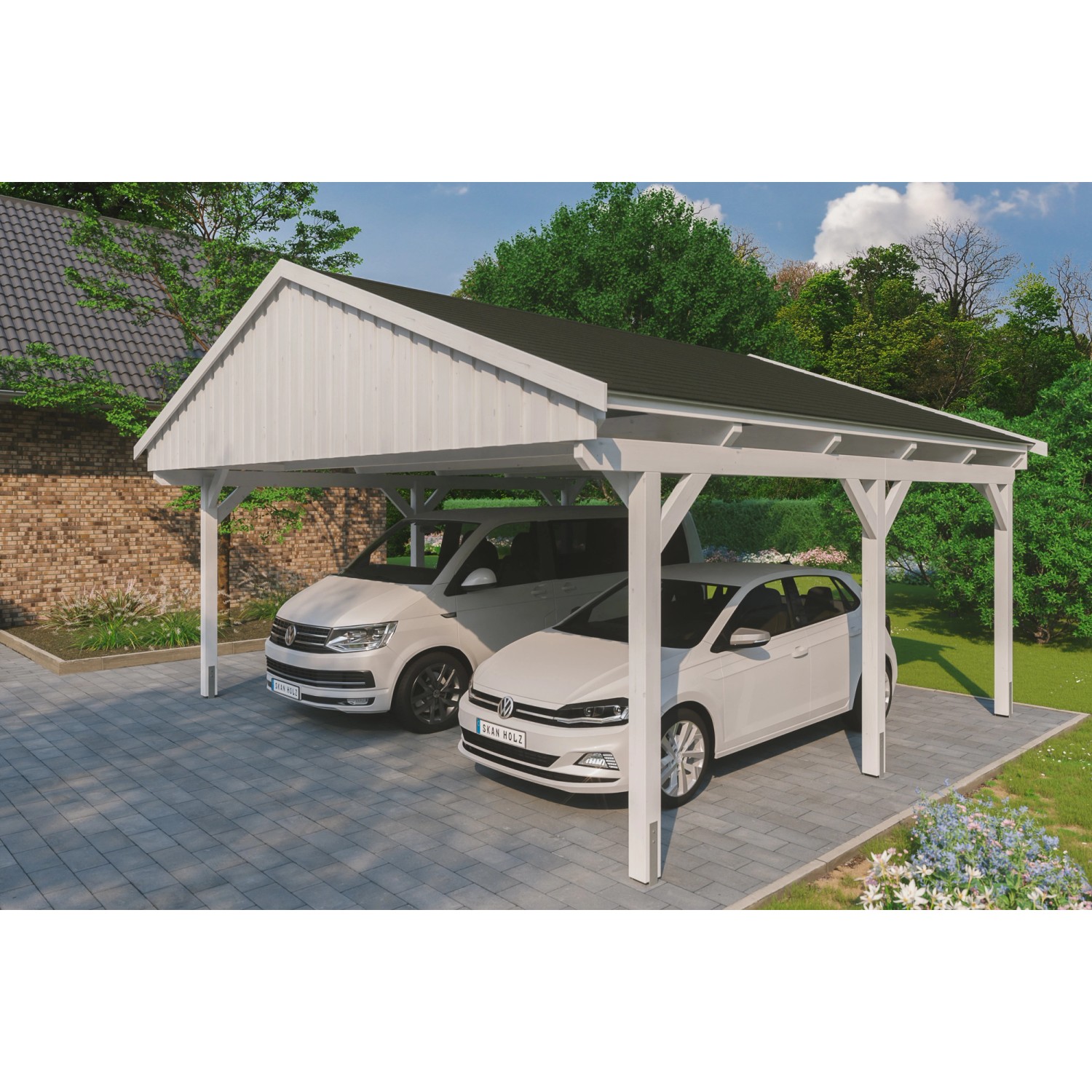 Skan Holz Carport Fichtelberg 618 cm x 566 cm Schwarze Schindeln Weiß günstig online kaufen