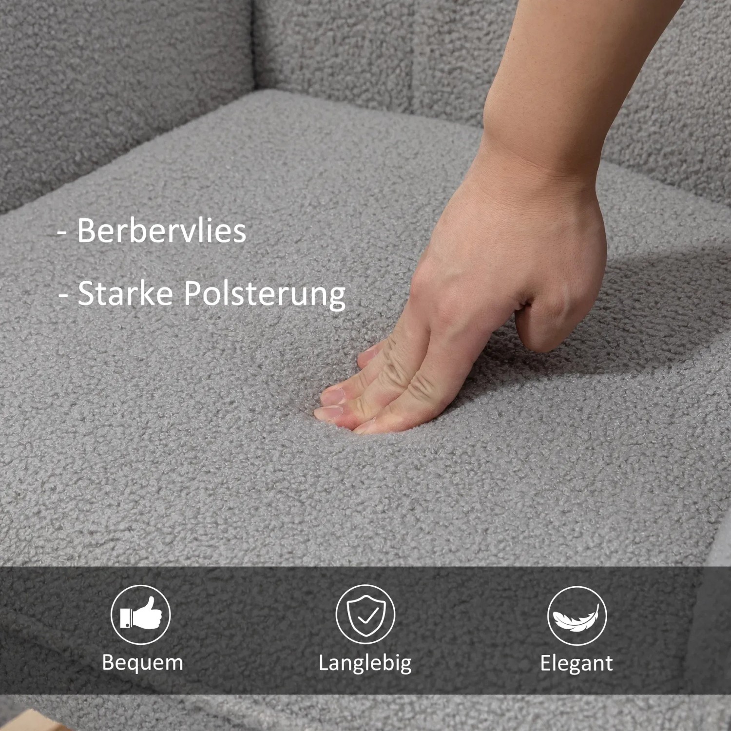 Detailaufnahme: Hand drückt auf weiche Polsterung des grauen HOMCOM Schaukelstuhls.