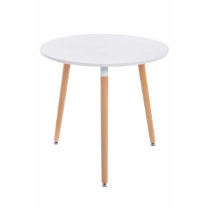 Runder weißer Esstisch mit drei Holzbeinen. Moderner Küchentisch für Esszimmer und Wohnzimmer.