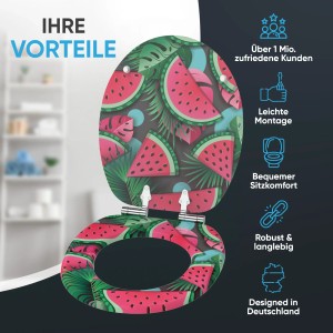 SANILO WC-Sitz Melone mit Absenkautomatik, Wassermelonen Design und tropischen Blättern.