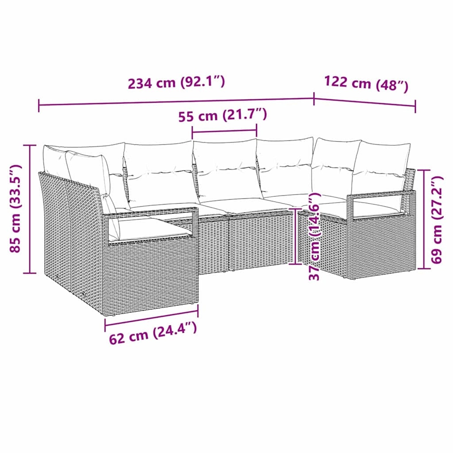 Hellgraues 6-teiliges Garten-Sofa-Set aus Polyrattan mit Maßangaben.