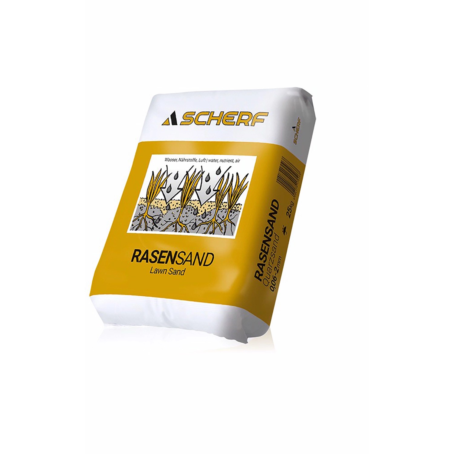 Sack Rasensand, Quarzsand, beige, 25 kg, Körnung 0,06-2 mm. Für Rasenpflege und -verbesserung.