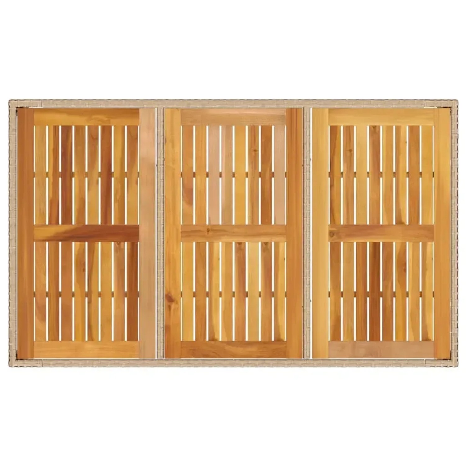 Beiger Gartentisch 150x90 cm aus Rattan und Akazienholz.
