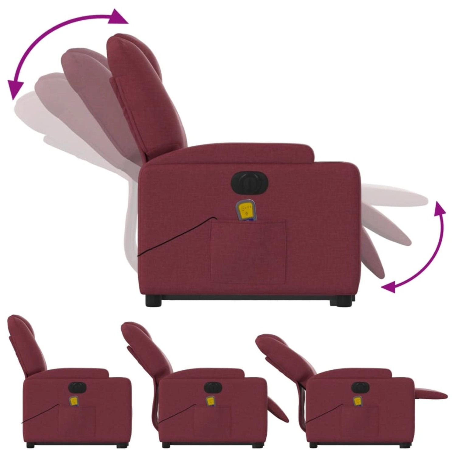 Elektrischer Massagesessel mit Aufstehhilfe, weinrot, Stoff, verschiedene Positionen.